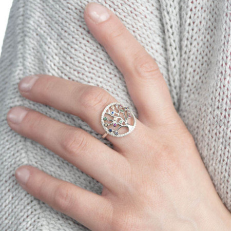 Ezüst gyűrű - életfa, színes kerek cirkóniák | Argento-ekszer.hu