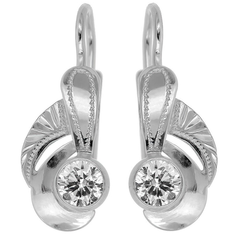 Ezüst fülbevaló - kézi gravírozással, átlátszó kerek cirkónia | Argento-ekszer.hu