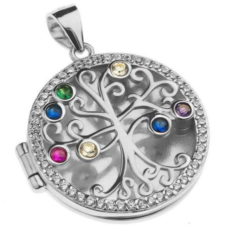 Ezüst medál fényképre - életfa, színes kerek cirkóniák | Argento-ekszer.hu