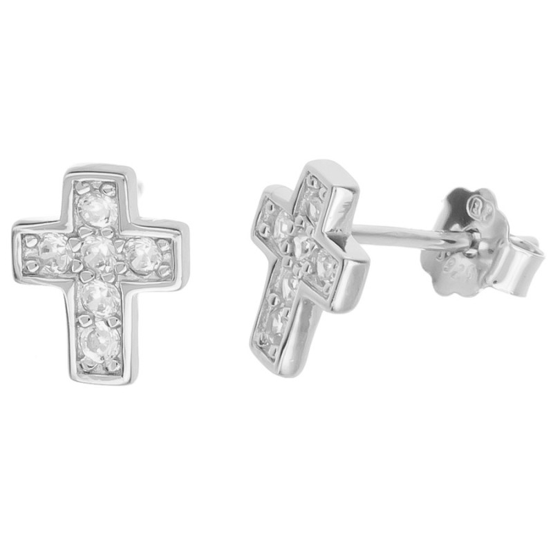 Ezüst fülbevaló - kereszt, átlátszó kerek cirkóniák | Argento-ekszer.hu Ezüst fülbevaló - kereszt, átlátszó kerek cirkóniák | Argento-ekszer.hu